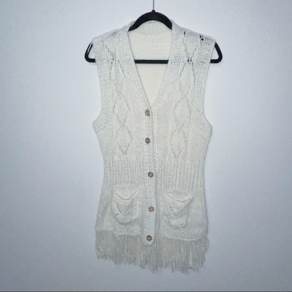 Knit vest cottage core hippie fringe handmade